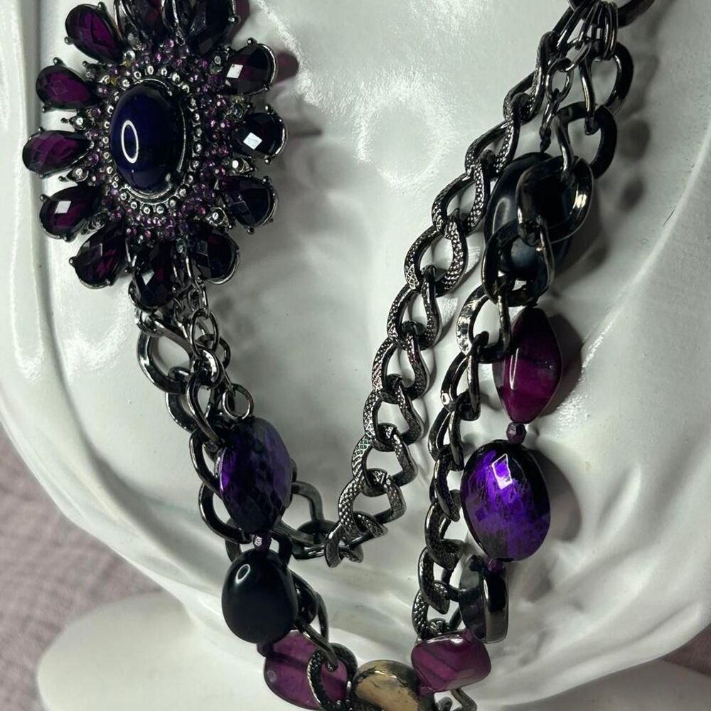 New York & Company Gunmetal Purple Rhinestone Statement Necklace